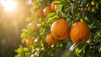 Luminous orange fruits on sunlit tree with green leaves