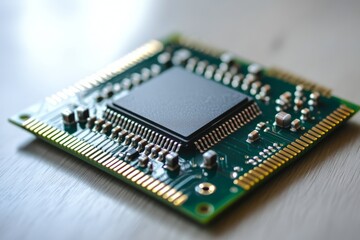 Close up of a computer chip showcasing intricate details and electronic components