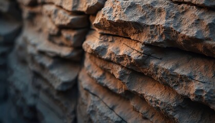 Closeup cliff rock texture background. Brown earth granite stone surface. Natural abstract textures for web, mobile interface, copy space backdrop. Travel, climb, earth, nature exploration concept.