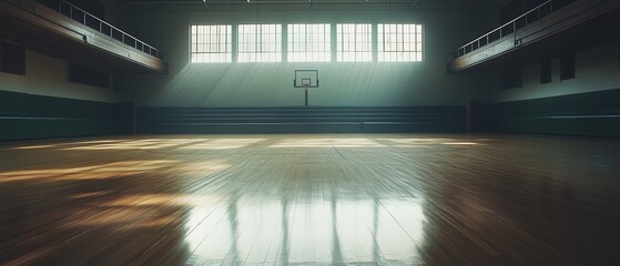 Basketball court interior with polished hardwood floor and natural light streaming in through windows, perfect for sports and fitness themes.