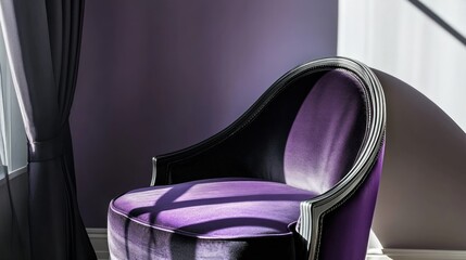 Luxurious purple velvet armchair by window in sunlit room.