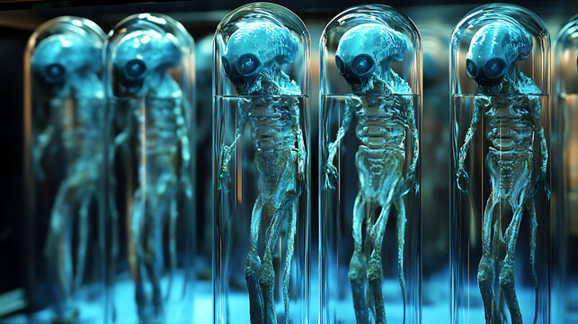 a secret laboratory containing alien creatures in glass tubes
