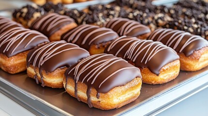 Freshly baked chocolate-covered donuts arranged neatly on a display at a bakery in the morning light