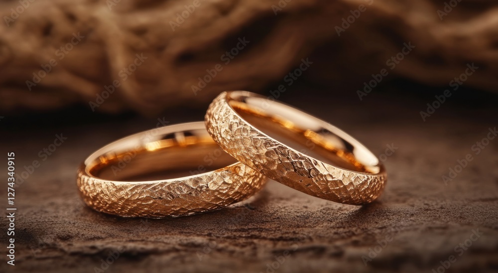 Poster a pair of golden wedding rings with intricate textures, resting on an earthy brown surface. the ring