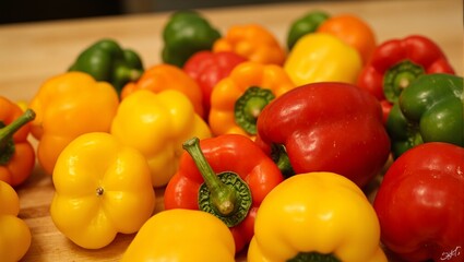 Colorful bell peppers on wooden countertop glossy and vibrant