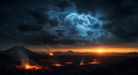 Obraz premium Moonlit Volcanic Landscape with Lava Fields and Smoke Under Dark Skies