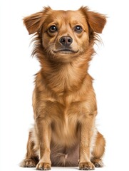 Fototapeta premium Charming brown dog sitting attentively against a bright white background in a studio setting capturing the essence of canine companionship and adorable pet portraiture