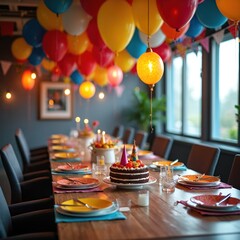 Celebration in office. Long table with cake, party hats, colorful balloons, lanterns. Corporate business team celebrate success, enjoy positive teambuilding event with friends, company at workplace