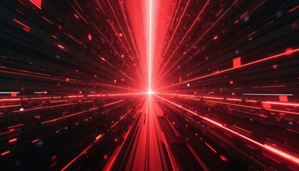 Abstract digital glitch art fusion background. Perspective view shows red, black light trails. Futuristic tech design. Modern wallpaper, screen design for technology, media, digital communication