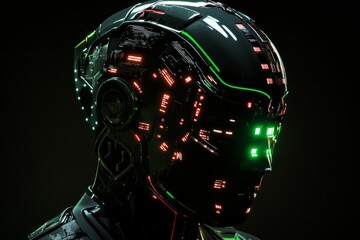 Man wearing helmet with glowing green lights in dark environment