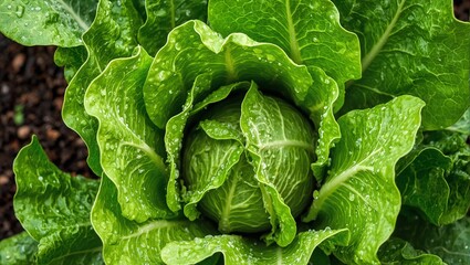 Fresh romaine lettuce with water droplets on vibrant green leaves set against garden soil