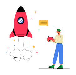 Male Entrepreneur Controlling Rocket Launch In Flat Vector Illustration Symbolizing Business Startup, Innovation, And Growth, Isolated On White Background.