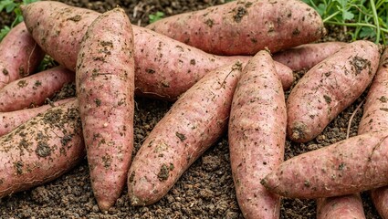 Organic sweet potatoes with brown skins on soil entwined with green vines