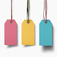 Blank Gift Tags Hanging on Strings Pink, Yellow, and Blue