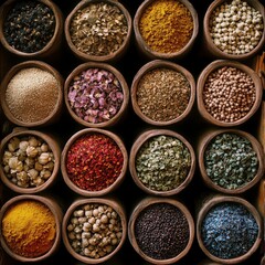 Assortment Of Spices In Woven Baskets Displaying Natural Colors