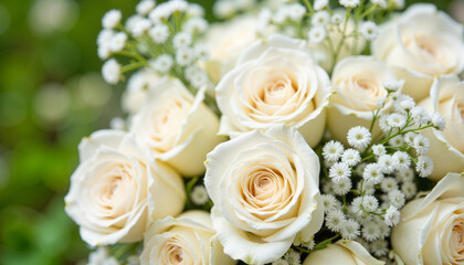 White roses bouquet with delicate flowers against a blurred green background