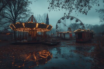 A haunted carnival with abandoned rides and creepy clowns . A colorful clown statue poses in front of a vibrant ferris wheel, creating a whimsical carnival atmosphere.