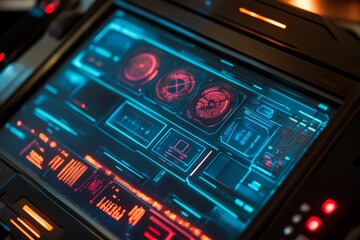 Fototapeta premium Close up view of a computer screen displaying a digital clock with time information