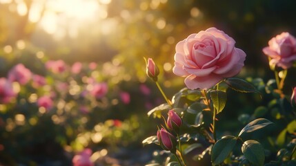 Obraz premium Pink rose blossoms in a garden at sunset.