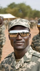 Fototapeta premium Military training exercise showcases soldiers wearing camouflaged uniforms in a desert-like environment during daylight hours with reflections in their sunglasses