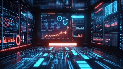 A computer monitor displays a number of graphs and charts