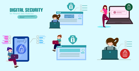 Cyber security vector illustration concept with characters. Data security, protected access control, privacy data protection. Modern flat style for landing page, web banner, infographics, hero images