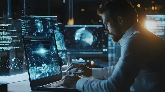 AI Artificial Intelligence technology for data analysis, research, planning, and work generate. Man uses a laptop and AI assistant dashboard. Technology smart robot AI agents and agentic workflows.