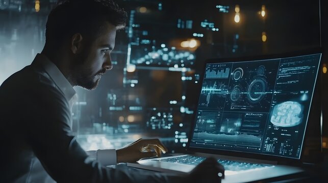AI Artificial Intelligence technology for data analysis, research, planning, and work generate. Man uses a laptop and AI assistant dashboard. Technology smart robot AI agents and agentic workflows.