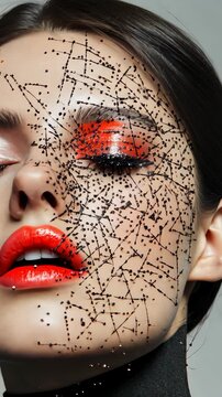 Artistic model showcasing vibrant makeup with intersectional patterns on skin in a contemporary art style
