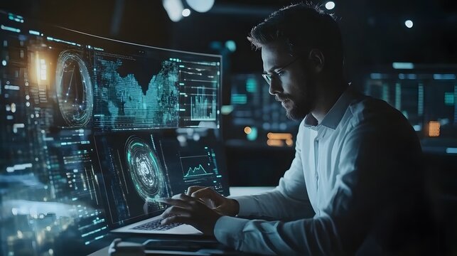 AI Artificial Intelligence technology for data analysis, research, planning, and work generate. Man uses a laptop and AI assistant dashboard. Technology smart robot AI agents and agentic workflows.