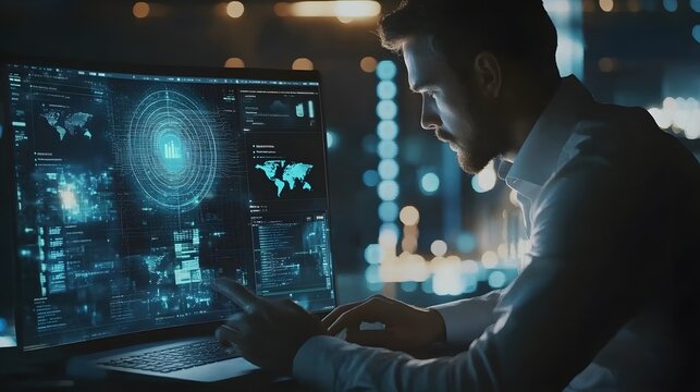 AI Artificial Intelligence technology for data analysis, research, planning, and work generate. Man uses a laptop and AI assistant dashboard. Technology smart robot AI agents and agentic workflows.