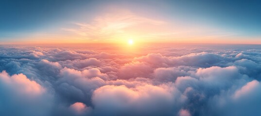 Fototapeta premium Heavenly Cloudscape Aerial View of Golden Sunset through White Clouds, Peaceful Atmosphere