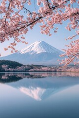 Cherry blossoms framing Mount Fuji, serene landscape reflecting in water, tranquil spring scenery in Japan, nature photography, travel destinations.