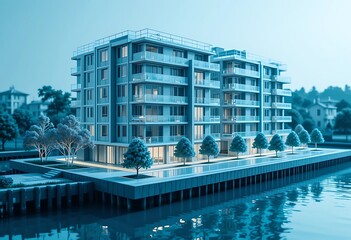 Modern architecture building design visualization. Detailed 3D blueprint, schematic designs in architectural engineering. Structure design modern apartments. Highrise building with exterior