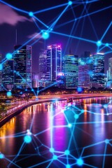 Obraz premium City skyline at night with digital network connections, showcasing technology and urban innovation in a vibrant metropolis.