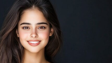 Obraz premium Bright smile of a young woman against a dark backdrop highlighting her features and expression during a casual moment of joy