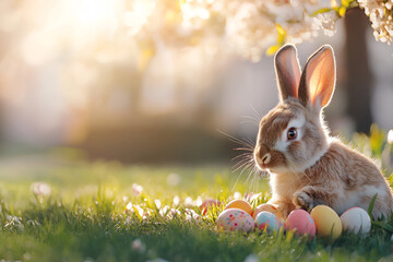 Cute rabbit with colorful easter eggs on sunlit grass