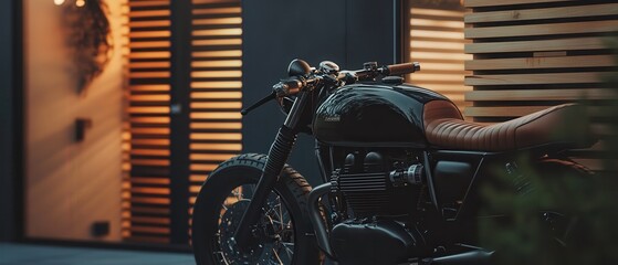 Classic motorcycle parked near modern entrance, stylish bike with leather seat, urban lifestyle photography, evening light ambiance
