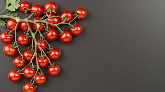 A vibrant assortment of fresh cherry tomatoes is beautifully arranged on a dark surface, complemented by a single green leaf