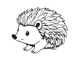 Line art illustration, black and white, simple background, easily colorable. Adorable hedgehog with charming features, volumetric lighting, light beams through dust or fog, Vector.