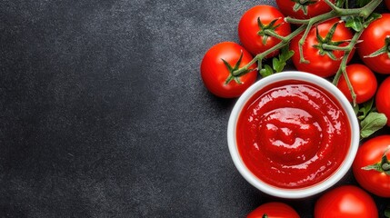 Fresh tomatoes and homemade sauce arranged on a dark countertop for meal preparation in a cozy kitchen