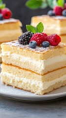 Delicious layered cake with fresh berries served on a plate, showcasing intricate dessert craftsmanship for a sweet indulgence