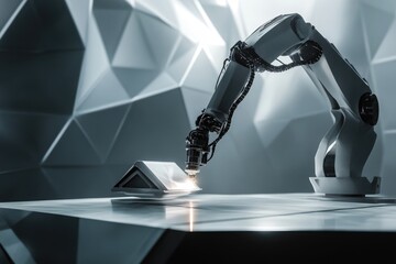 A robotic arm precisely processes a white angular component, showcasing advanced manufacturing technology.