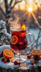 Steaming mulled wine in glass with citrus slices, cozy winter ambiance