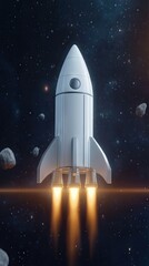 Rocket launches into space surrounded by asteroids, showcasing the advancements in aerospace technology and exploration initiatives