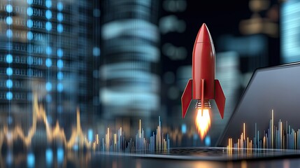 Red rocket launch above laptop with financial graphs at night in a modern city setting emphasizing technology and innovation