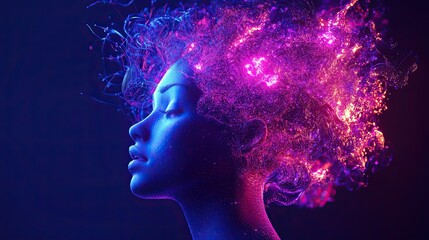 A woman's head with purple hair and a blue background