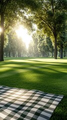 Fototapeta premium Sunlight filters through tall trees onto a peaceful grassy area with a checkered picnic blanket laid out in a serene park setting during the golden hour