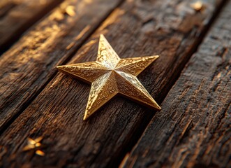 Golden star resting on weathered wooden surface, reflecting light with intricate textures, creating a warm and inviting atmosphere