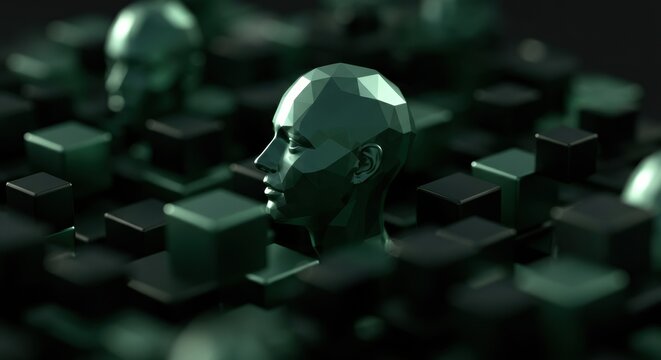 Abstract green humanoid heads among geometric cubes in a digital landscape